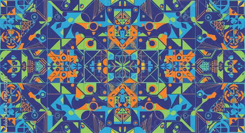 Vibrant and intricate geometric pattern featuring mathematical shapes and symbols in blue, orange, and green hues, celebrating International Day of Mathematics with a kaleidoscope of colors