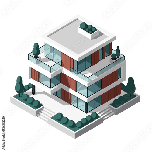 Modern three-story house with balconies and landscaped garden.