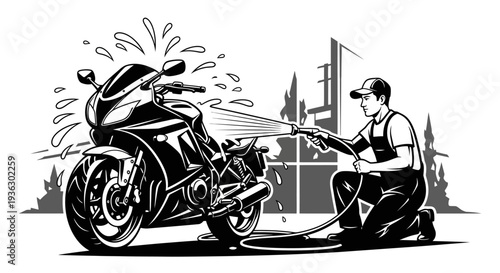 Man washing a sports motorcycle with a hose.