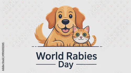 Friendly dog and cat illustration for world rabies day awareness campaign with text