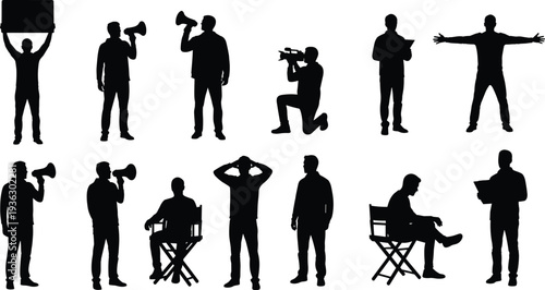 People silhouettes collection featuring expressive poses with signs, megaphones, cameras, and gestures, vector illustration for communication, protest, leadership, and media themes