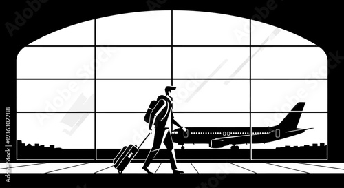 Man with luggage walking towards airplane at airport terminal.