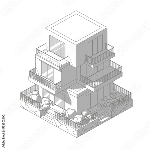 Modern three-story residential building with balconies and patio.