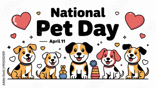 National pet day celebration with cute dogs and hearts on april 11 colorful illustration