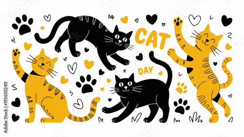 Three cartoon cats playfully dancing with hearts and paw prints on white background