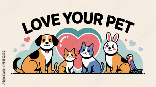 Colorful pets and animals with heart symbol love your pet