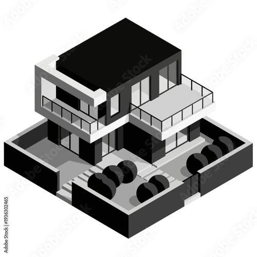 Modern 3D Isometric House Illustration with Balcony and Parking.