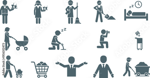 Collection of dark silhouette pictograms represents various daily jobs, household chores, service roles, and moments of rest.