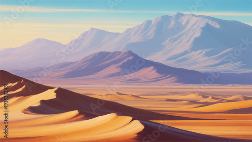 Vibrant desert landscape with sand dunes and majestic mountains under a serene blue sky at sunset