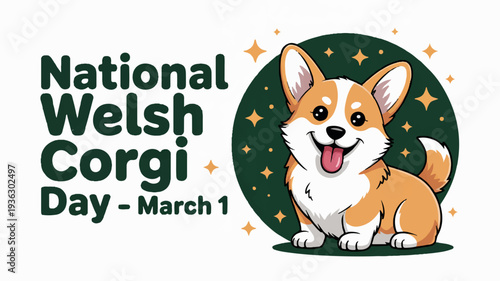Corgi dog sitting on green circle with stars smiling national welsh corgi day march 1
