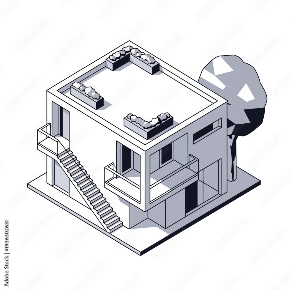 Obraz premium Isometric illustration of a modern two-story house with a tree.