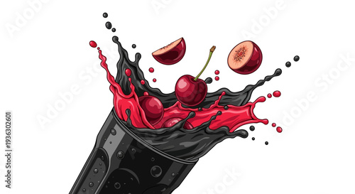 Fresh cherries splashing out of a black bottle with red liquid and cherry pieces flying everywhere in a dynamic illustration