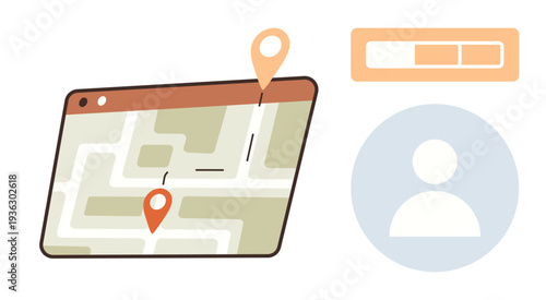 Travel planning, navigation, personal profiles, user interfaces, directions, digital technology. Map with location pins and a user icon. Navigation and personal profile concepts
