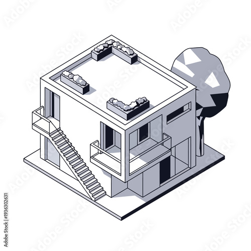 Isometric illustration of a modern two-story house with a tree.