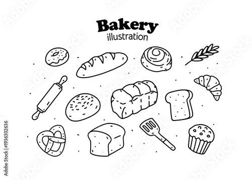 Bakery illustration with white background. Food packaging, menu illustration hand drawn. Wrapping design, food business, bakeshop