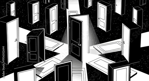 Many doors open and closed with one glowing door in the center.