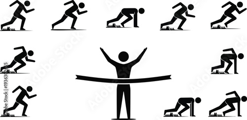 Multiple running figures illustrate different stages of a foot race, concluding with a victorious athlete crossing the finish line.