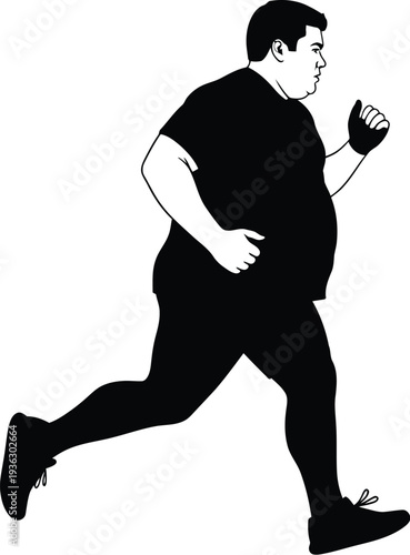 Overweight man jogging profile silhouette shows determined effort during an outdoor running activity for physical fitness.
