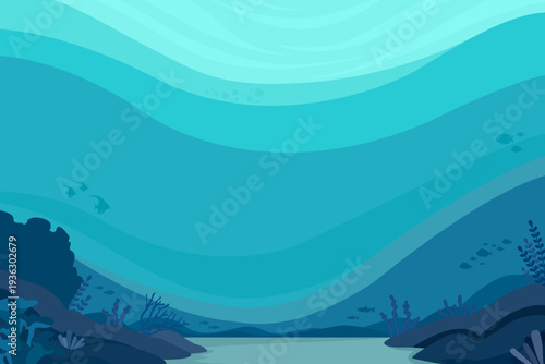 Deep Underwater Ocean Background with Marine Silhouettes and Light Rays