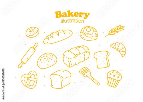 Bakery illustration with gold outline and white background. Food packaging, menu illustration hand drawn. Wrapping design, food business, bakeshop