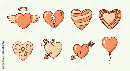 Collection of various heartshaped illustrations with different designs and decorations for Valentines Day.