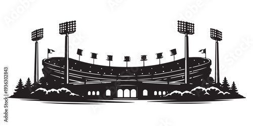 Stadium Night Silhouette, Silhouette Vector, Isolated on White Background