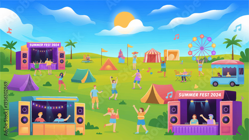 Vibrant outdoor music festival with colorful tents and stages in a sunny green field