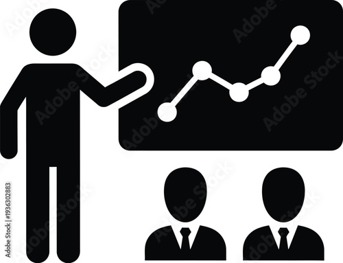 Stick figure presenter points to an ascending line graph displayed on a screen for two silhouetted attendees.