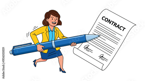 Smiling businesswoman running with a giant pen towards a contract. Business agreement, deal, and commitment concept illustration.