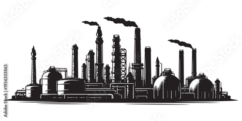 Oil Refinery Skyline Silhouette, Silhouette Vector, Isolated on White Background