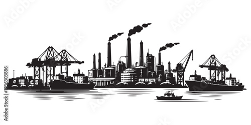 Urban Industrial Waterfront Silhouette, Silhouette Vector, Isolated on White Background