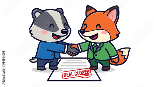 Cute Cartoon Badger and Fox Shaking Hands, Celebrating a Successful Business Deal with 'DEAL CLOSED' Document