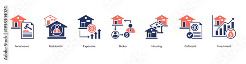 Residential Real Estate Market web banner icon vector illustration featuring Foreclosure, Residential, Expensive, Broker, Housing, Collateral, and Investment.
