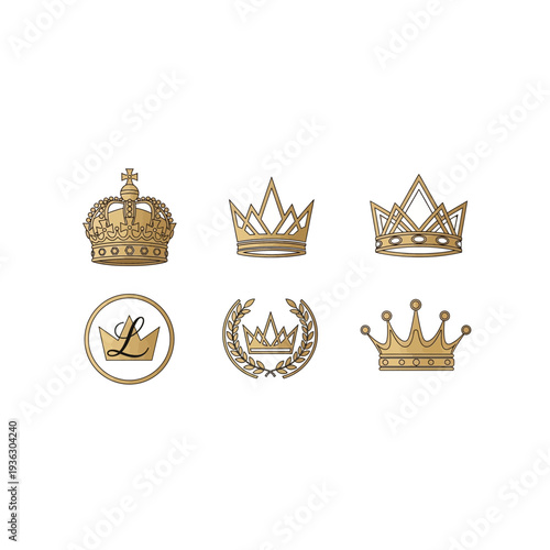 Six gold crowns on a white background