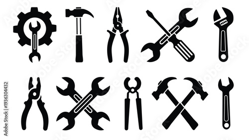 Hand Tools Icon Set – Wrench, Hammer, Pliers, Screwdriver and Gear Repair Symbols Vector Collection,