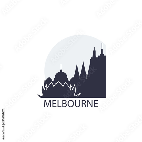 Australia Melbourne cityscape skyline panorama vector flat logo, icon. Australian city emblem, clip art with landmarks and buildings silhouettes