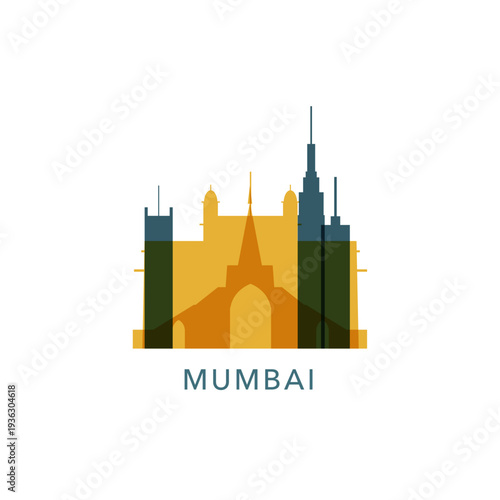 India Mumbai cityscape skyline panorama vector flat logo, icon. Indian city emblem, clip art with landmarks and buildings silhouettes