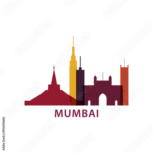 India Mumbai cityscape skyline panorama vector flat logo, icon. Indian city emblem, clip art with landmarks and buildings silhouettes