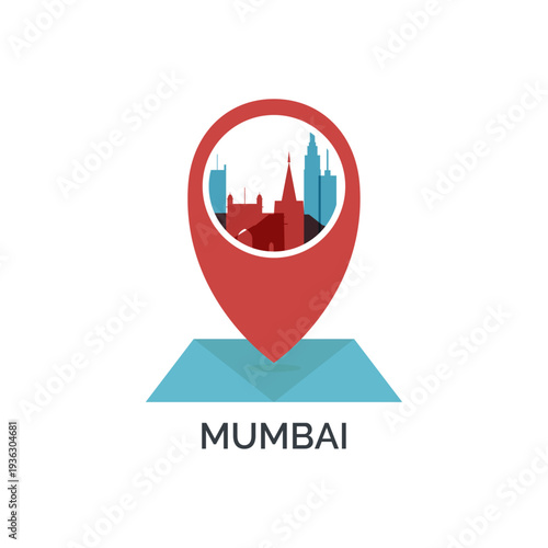 Mumbai icon of map pin pointer, geolocation, skyline shape. Vector logo, isolated clip art. India web symbol with landmarks and buildings