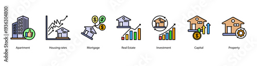 Housing Market Trends web banner icon vector illustration featuring Apartment, Housing Rates, Mortgage, Real Estate, Investment, Capital, and Property.