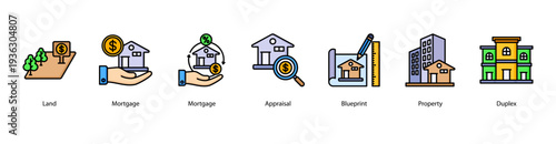 Property Development Process web banner icon vector illustration featuring Land, Mortgage, Appraisal, Blueprint, Property, and Duplex.