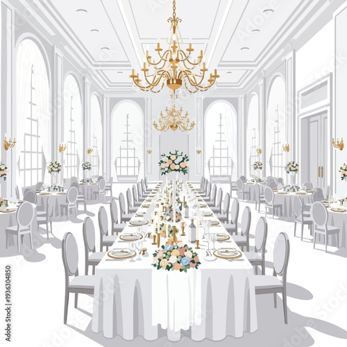 Elegant Banquet Hall Setup for Celebrations with White Decor and Floral Arrangements