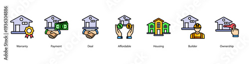 Property Ownership and Management web banner icon vector illustration featuring Warranty, Payment, Deal, Affordable, Housing, Builder, and Ownership.