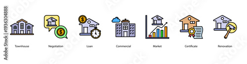 Real Estate Transactions web banner icon vector illustration featuring Townhouse, Negotiation, Loan, Commercial, Market, Certificate, and Renovation.