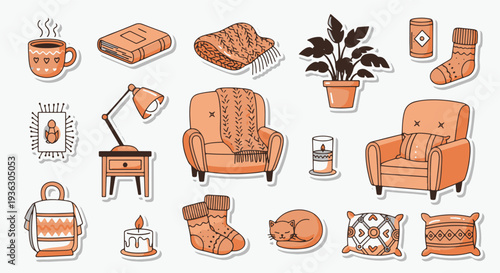 Cozy home interior elements featuring armchair blanket socks and more.