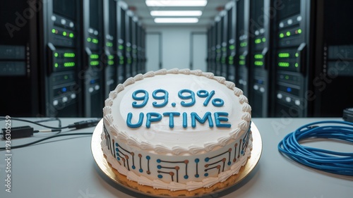 Celebrating 99.9 percent uptime with decorated cake in server room
