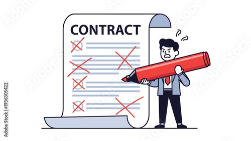 Businessman Rejecting Contract Terms with Red Marker. Frustrated Man Reviewing Legal Document, Expressing Disapproval