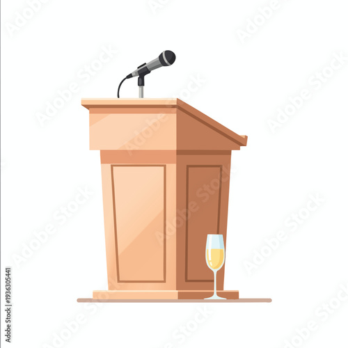 Empty Wooden Podium with Microphone and Glass of Water for Public Speaking or Presentations