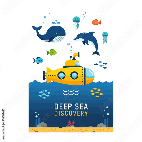 Yellow Submarine Exploring Deep Sea with Whale, Dolphin, Fish, and Jellyfish