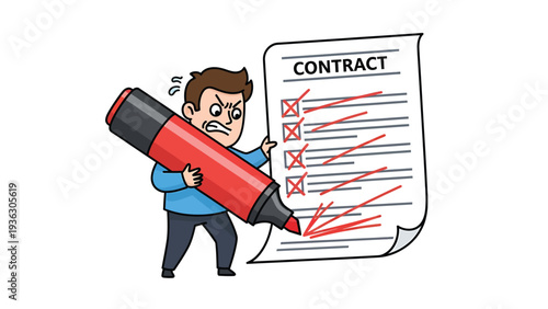 Angry cartoon man rejects contract, redlining document with a giant marker. Frustrated character showing disapproval of terms.